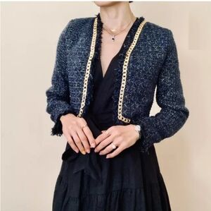 CHRISTIAN LACROIX Metallic Gold & Navy Tweed Chain Blazer Coat Jacket Medium NWT